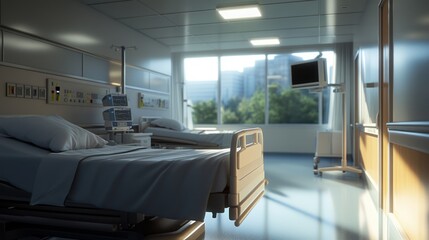 Hospital room with two beds, medical equipment, and a window overlooking a cityscape.