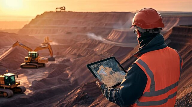Worker analyzing data on tablet as machinery operates in mining site during sunset