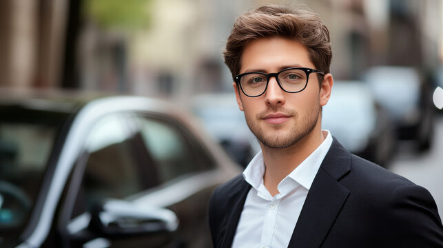 "Sophisticated Style: Businessman with Black Car Outdoors"

