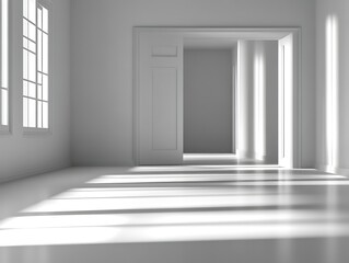Sunlight streams into a minimalist white room.