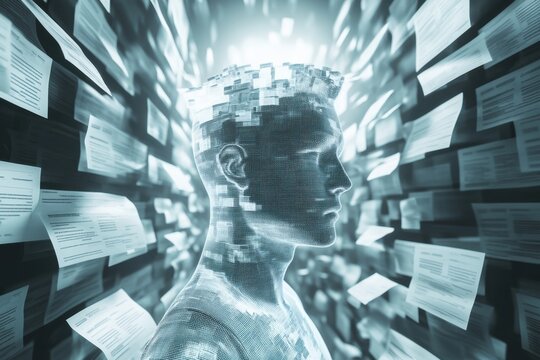 Digital transformation depicted through a human figure surrounded by floating text