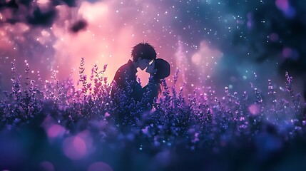 Obraz premium anime love romantic kiss in field of lavender flowers
