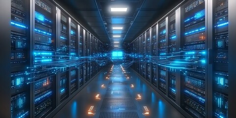 Cybernetic Server Corridor: A Futuristic Digital Art Piece