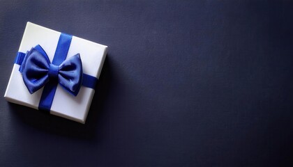 Elegant Gift Box with Blue Bow Tie on Minimalist Background. Perfect for Father's Day, Men's Special Occasions, or Corporate Gifting with Copy Space for Personalization and Celebration Messaging