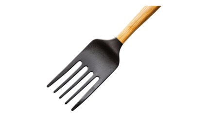 A black metal gardening fork with a wooden handle on a transparent background, perfect for planting and soil cultivation.