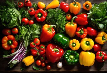 colorful vibrant vegetable flat lays displaying variety healthy dietary options fresh produce natural ingredients, vegetables, herbs, organic, greens, fruits