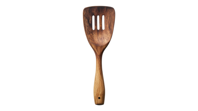 A handcrafted wooden spatula displayed against a transparent background, showcasing its unique design and craftsmanship.