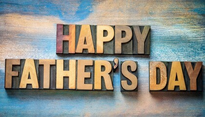 Happy Father's Day Rustic Wooden Block Letters on Blue Wood Background with Copy Space. Perfect for Greeting Card Designs, Social Media Posts, Blogs, or Celebratory Announcements