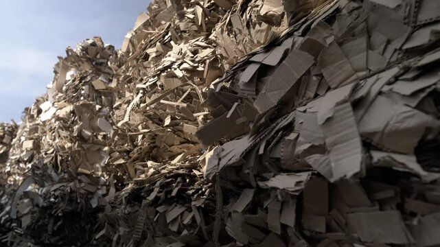 Storage zone with raw materials in form of waste paper crumpled pieces. Special industrial machines subject materials to processing in workshop