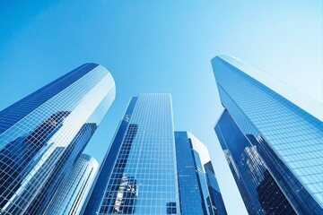 Obraz premium Tall modern skyscrapers with reflective glass facades towering under a bright blue sky, creating a perspective of urban architecture and progress. Ai generative