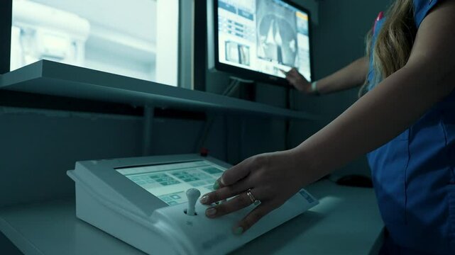 Detailed view of a radiology control room and an x-ray machine operator. An x-ray image is clearly visible on the screen.