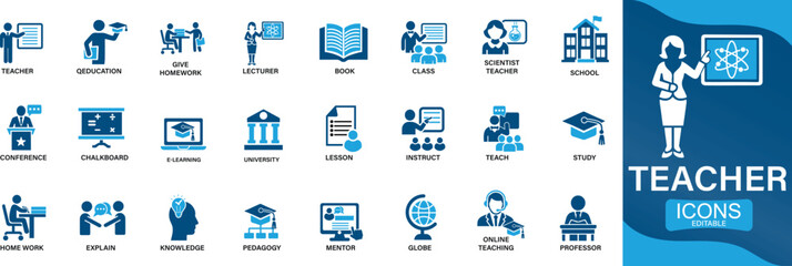 Teacher icon set lesson, class, school, teaching, mentor, professor, education, books, instruct, You can easily change the color.