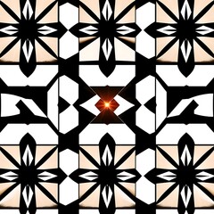 Abstract Geometric Pattern with a Glowing Star: A mesmerizing kaleidoscope of black and white geometric shapes, accented by a radiant red star in the center.