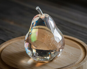 Pear in a Transparent Glass with Crystal Reflection and Blue Background