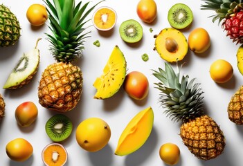 dynamic composition colorful fruits floating air ideal advertising campaigns creative promotions, apple, banana, orange, mango, grape, kiwi, pineapple