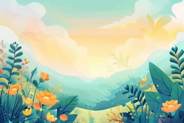 Fototapeta premium Lush Green Foliage and Yellow Flowers Against a Soft, Whimsical Sunset Sky