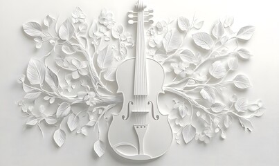 White violin nestled in paper-cut floral branches.