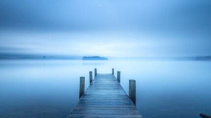 Naklejka premium Serene misty lake scene with wooden dock leading to island
