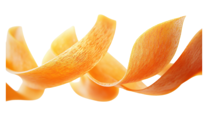 Curled strands of orange vegetable peels displayed against a transparent background.