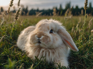 Smiling Sleeping Bunny: A fluffy rabbit stretched out on its side, smiling softly in a meadow.
