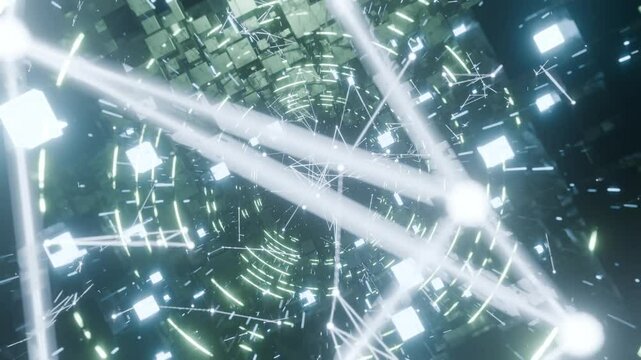 A geometric luminous sphere surrounded by platforms and lights in an abstract technological environment. Video loop seamless synchronized at 120 bmp