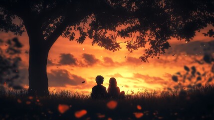 Fototapeta premium anime love couple sitting under trees in serene forest at golden sunset