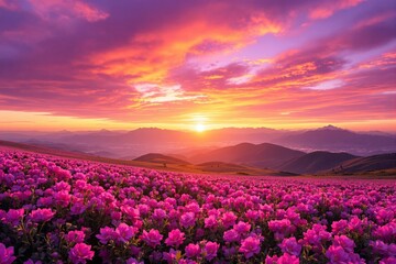 Fototapeta premium Vibrant pink flowers in the foreground with a colorful sunset sky, rolling hills in the background, and a serene natural landscape. Ai generative