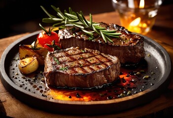 mouthwatering display sizzling grilled steak served hot plate juicy flavors aromatic spices, bbq, beef, meal, ribeye, charred, tender, flavorful, seasoning