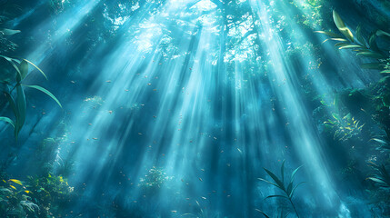 Enchanting sunbeams pierce a lush, vibrant rainforest canopy, illuminating a mystical underwater scene teeming with life.