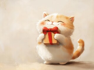 a shy, cute and fat cat, holding a box of gift on her hand, ready to give to her valantine