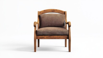 Wooden armchair with brown fabric upholstery,  isolated on white background.