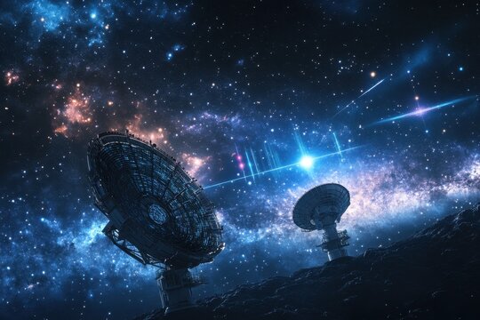 Exploring the cosmos with powerful radio telescopes under a starry night sky