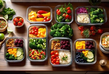vibrant meal prep featuring colorful ingredients wholesome healthy culinary experience, preparation, food, fresh, vegetables, fruits, herbs, grains, bowls