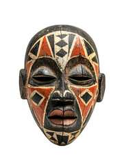 A traditional African mask featuring intricate patterns and colors, used in cultural ceremonies.