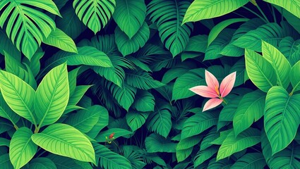 Fototapeta premium Lush Green Tropical Foliage With Pink Flower