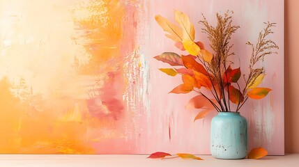 Autumn leaves in teal vase against abstract art.