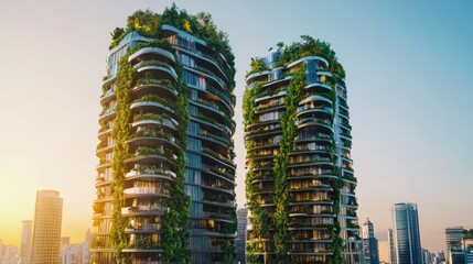 Urban Skyscrapers with Creative Green Facades at Sunset