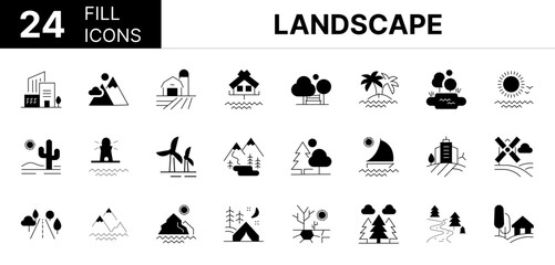 Naklejka premium Collection of 24 landscape line icons featuring editable strokes. These outline icons depict various modes of landscape, road, lake, view, land, sea, summer, sunrise, landscape, illustration, vector, 