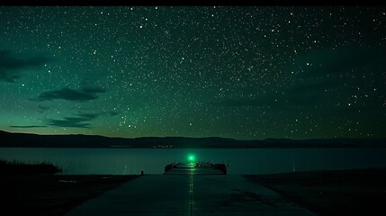 A serene night scene featuring a dock under a starry sky with a green light on the water.
