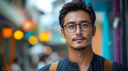 Obraz premium Urban Portrait: Man in Glasses, City Lights