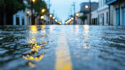 A rain-soaked urban street with reflections of lights on the wet pavement at dusk, capturing quiet mood and cinematic charm in a modern city setting.