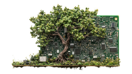 A vibrant green tree grows from a circuit board, symbolizing the fusion of nature and technology in a creative art piece.
