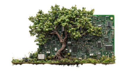A vibrant green tree grows from a circuit board, symbolizing the fusion of nature and technology in a creative art piece.