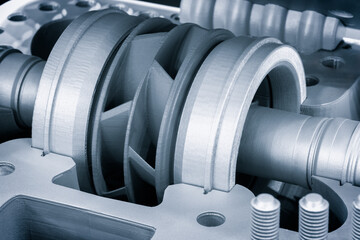 close up detail cross section impeller inside of electric centrifugal pump or blower for...