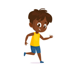 Smiling cheerful boy character running and waving. Cute and friendly vector cartoon illustration. Flat style character isolated on white background for children's content, animations, education, sport