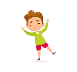 Jumping and dancing cheerful cartoon boy raises his arms with a happy expression. Cute kid character isolated on white background for children's content, animations, education. Vector illustration 