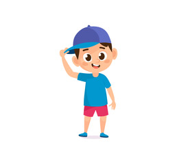 Smiling cheerful waving boy character. Cute and friendly vector cartoon illustration. Flat style character isolated on white background for children's content, animations, education, sport