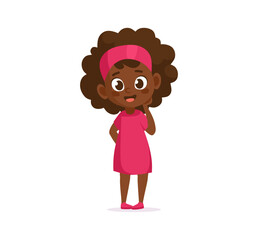 Cute cartoon black girl character in a pink dress vector illustration. Friendly flat style character isolated on white background for children's content, animations, education, sport