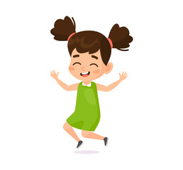 Cute vector illustration. Cheerful little girl jumps and waves with a happy expression. Flat style character isolated on white background