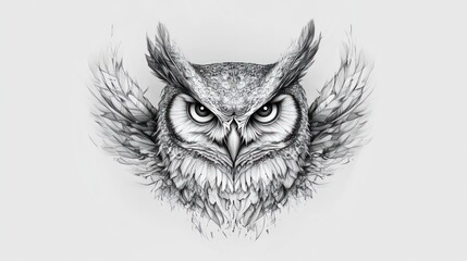 Obraz premium Detailed grayscale illustration of an owl's head and wings, showing intricate feather and facial details